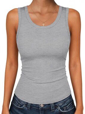 Women's Light Grey Scoop Neck Ribbed Sleeveless Top Shirts Slim Fitted Tank Tops